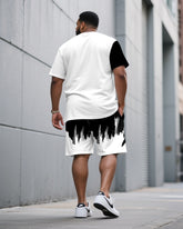 Men's Plus Size Casual Black & White Ink Brush Chest Lion Small Label Fashion Round Neck Short Sleeve T-shirt Shorts Suit